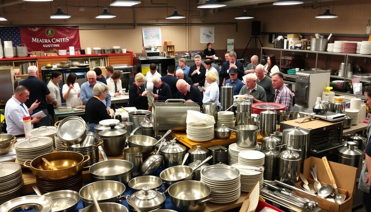 Image of a restaurant auction with various kitchen equipment