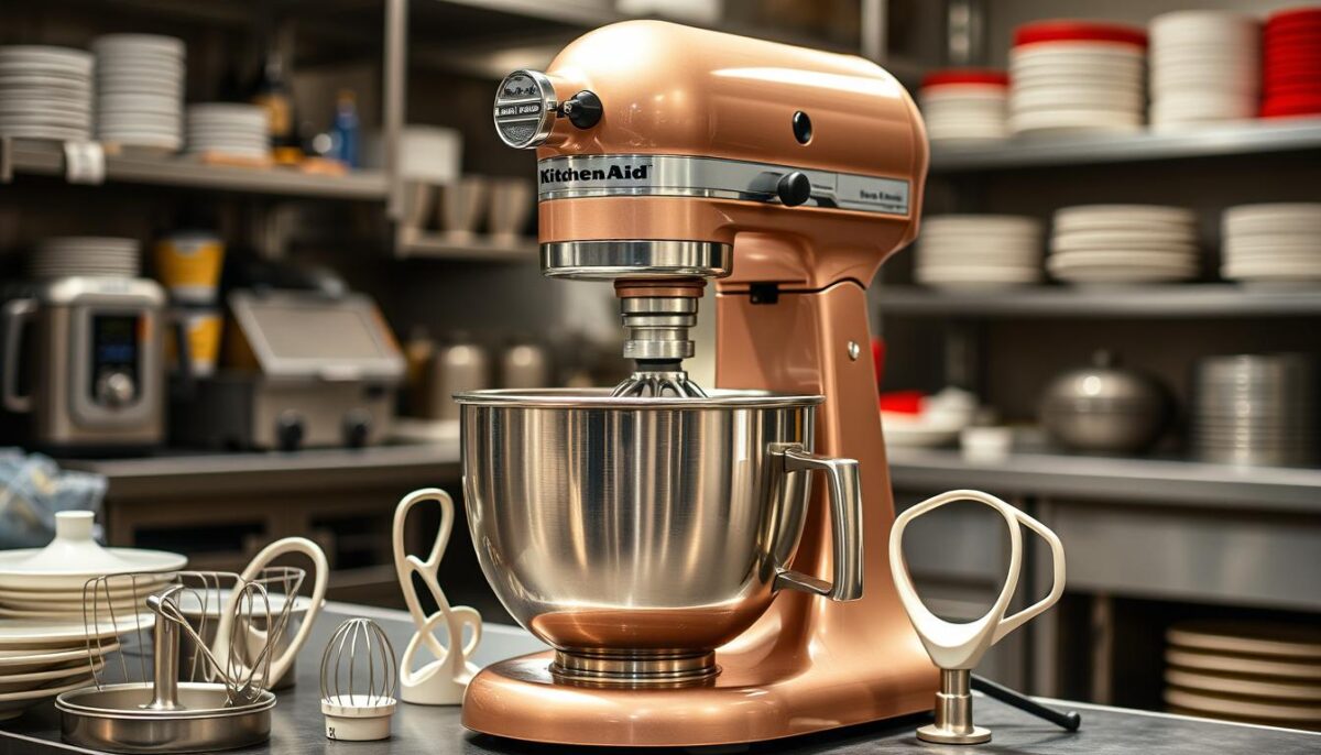 KitchenAid stand mixer with various attachments in a commercial kitchen setting