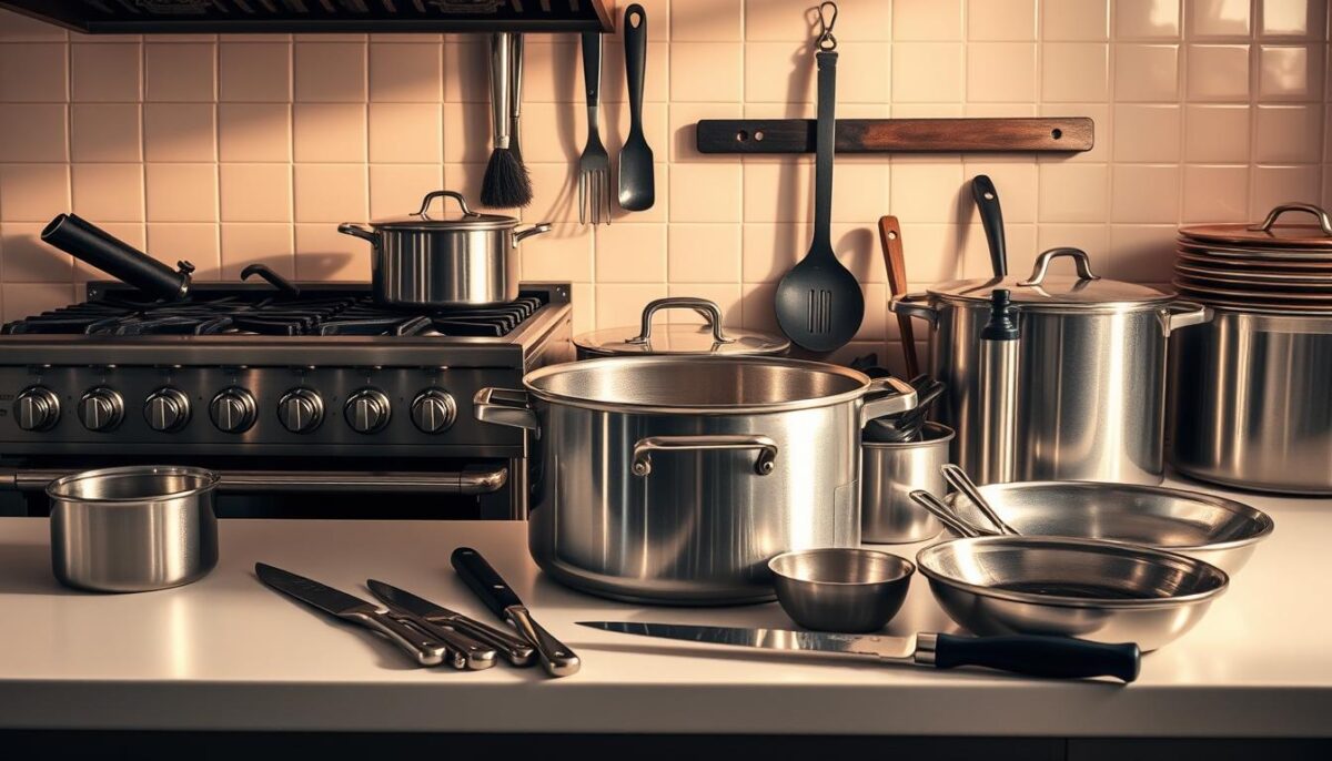 Stainless steel commercial kitchen appliances and tools arranged on a clean, white countertop. A professional-grade stove, large pot, chef's knife, and other essential implements are positioned with careful attention to composition. Warm, directional lighting casts dramatic shadows, highlighting the textures and reflections of the metallic surfaces. The scene conveys a sense of precision, efficiency, and the orchestration of a well-equipped commercial kitchen ready for culinary creativity and high-volume food preparation.
