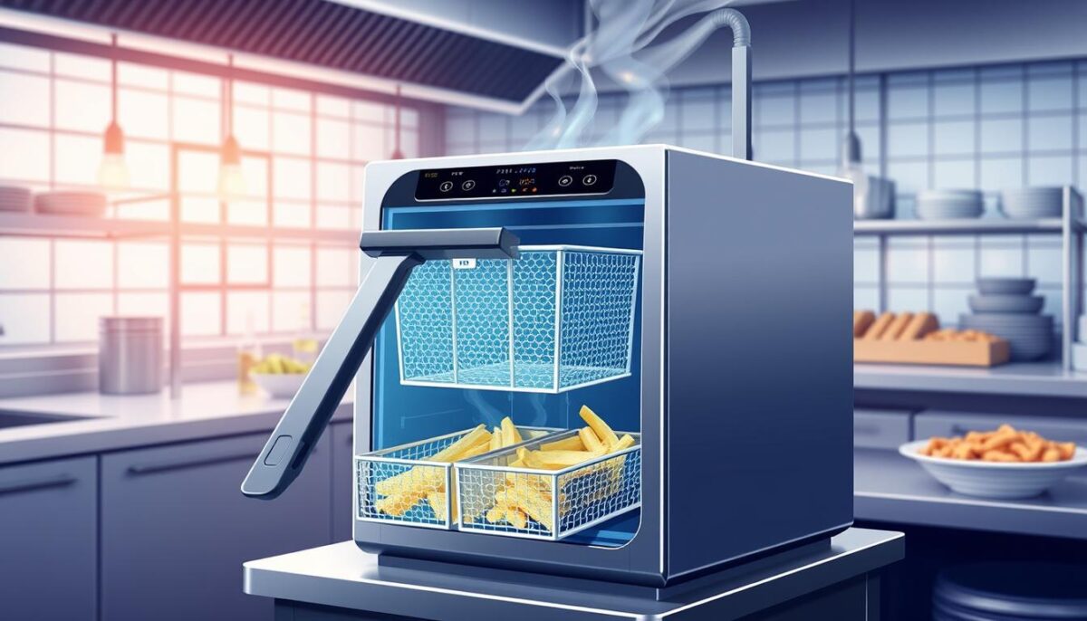 Visualize a commercial fryer with advanced oil filtration systems