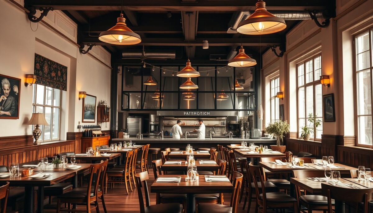 A beautifully lit restaurant interior, with a warm, inviting ambiance. Wooden tables and chairs, adorned with simple place settings, create a cozy, rustic atmosphere. The focal point is a large, open kitchen visible through a glass partition, where chefs can be seen skillfully preparing dishes. The space is illuminated by a combination of elegant pendant lights and soft, diffused natural light streaming in through large windows. The walls are decorated with tasteful artwork and vintage-inspired decor, adding to the overall aesthetic. The mood is relaxed and elegant, perfectly capturing the essence of a welcoming, high-quality dining establishment.