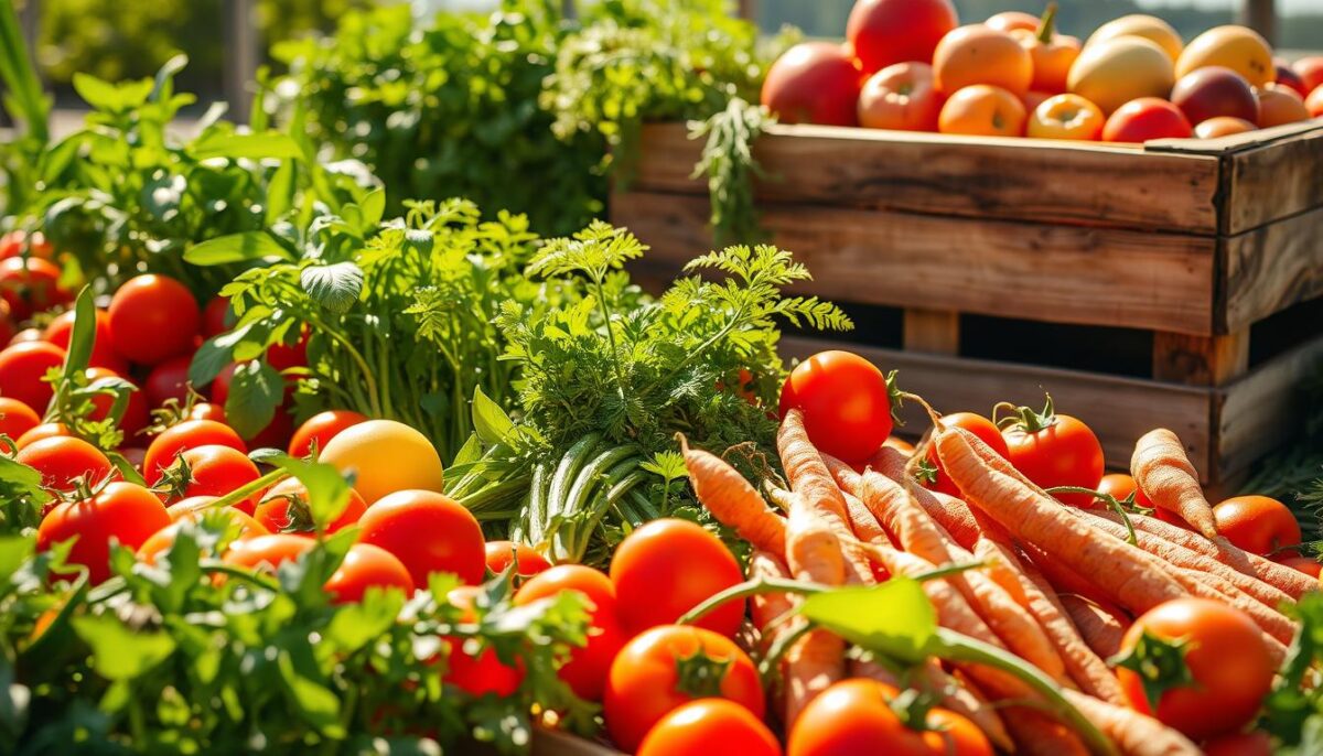 A bountiful harvest of fresh produce from the lush farmlands of New Jersey, bathed in warm, natural light. In the foreground, an array of vibrant, ripe vegetables - juicy tomatoes, crisp green beans, and earthy carrots. In the middle ground, leafy greens and fragrant herbs sway gently. The background showcases a rustic, wooden crate overflowing with an assortment of seasonal fruits, their colors and textures creating a visually appealing and appetizing scene. The image conveys a sense of abundance, quality, and the freshness of locally-sourced produce, ideal for showcasing the diverse offerings of New Jersey's top-rated fresh food suppliers. A bountiful harvest of fresh produce from the lush farmlands of New Jersey, bathed in warm, natural light. In the foreground, an array of vibrant, ripe vegetables - juicy tomatoes, crisp green beans, and earthy carrots. In the middle ground, leafy greens and fragrant herbs sway gently. The background showcases a rustic, wooden crate overflowing with an assortment of seasonal fruits, their colors and textures creating a visually appealing and appetizing scene. The image conveys a sense of abundance, quality, and the freshness of locally-sourced produce, ideal for showcasing the diverse offerings of New Jersey's top-rated fresh food suppliers.