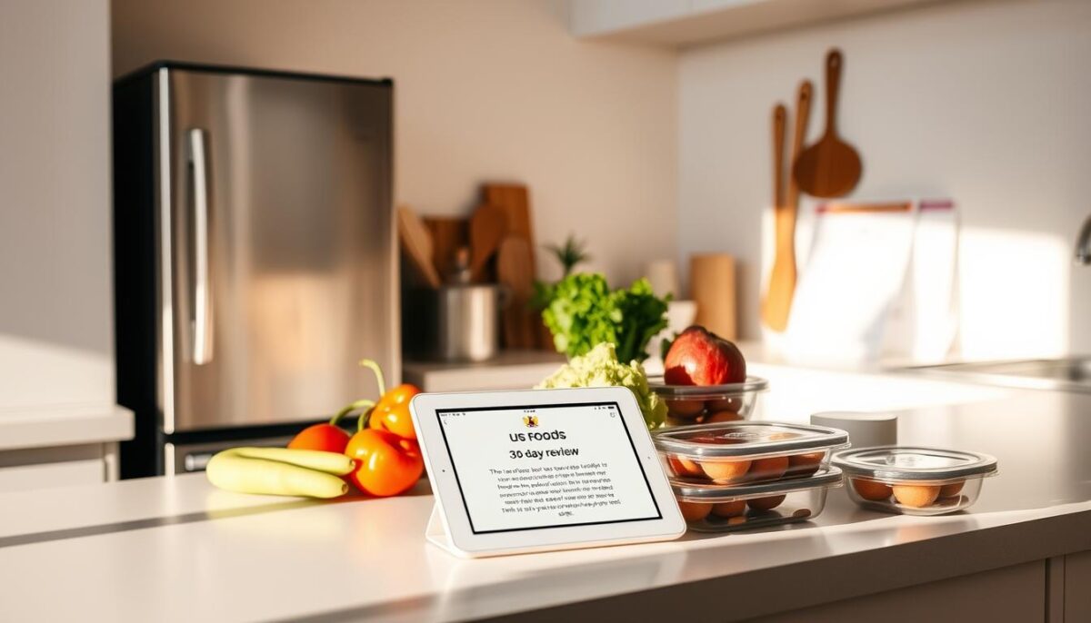 A bright, airy kitchen setting with a sleek, stainless steel appliance as the focal point. On the counter, an array of fresh produce, neatly arranged meal prep containers, and a tablet displaying a 30-day review of the US Foods experience. The lighting is warm and natural, casting soft shadows that add depth and dimensionality to the scene. In the background, a calendar and a few simple kitchen utensils hint at the organization and efficiency of the 30-day review process. The overall mood is one of productivity, satisfaction, and the successful completion of a culinary challenge.