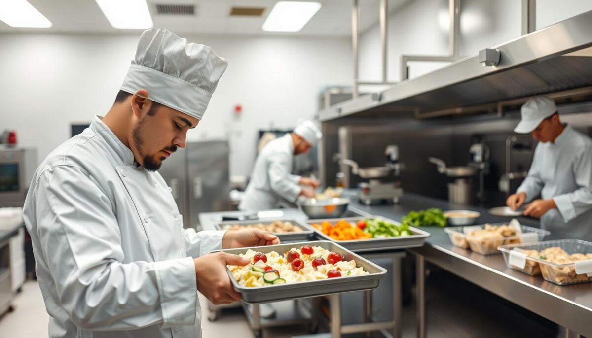 A bright, well-lit commercial kitchen setting. In the foreground, a chef in a crisp white uniform is closely inspecting a tray of freshly prepared ingredients, meticulously checking each item for quality and consistency. In the middle ground, other chefs are engaged in various quality control tasks - weighing, measuring, and thoroughly examining food products before packaging. The background features industrial kitchen equipment, stainless steel surfaces, and a sense of organized efficiency. The overall atmosphere conveys a culture of diligent attention to detail, ensuring that only the highest quality products are delivered to customers.