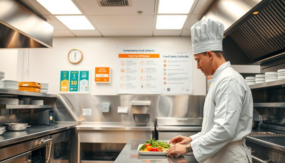 A brightly lit commercial kitchen with stainless steel surfaces, state-of-the-art appliances, and food safety certifications prominently displayed. In the foreground, a chef in a crisp white uniform carefully inspects the temperature of freshly prepared ingredients. The middle ground features a wall-mounted poster outlining comprehensive food safety protocols, with icons and infographics highlighting key HACCP principles. In the background, a panoramic view of the kitchen showcases the organization and cleanliness, conveying a sense of professionalism and attention to detail that upholds the highest food safety standards. A brightly lit commercial kitchen with stainless steel surfaces, state-of-the-art appliances, and food safety certifications prominently displayed. In the foreground, a chef in a crisp white uniform carefully inspects the temperature of freshly prepared ingredients. The middle ground features a wall-mounted poster outlining comprehensive food safety protocols, with icons and infographics highlighting key HACCP principles. In the background, a panoramic view of the kitchen showcases the organization and cleanliness, conveying a sense of professionalism and attention to detail that upholds the highest food safety standards.