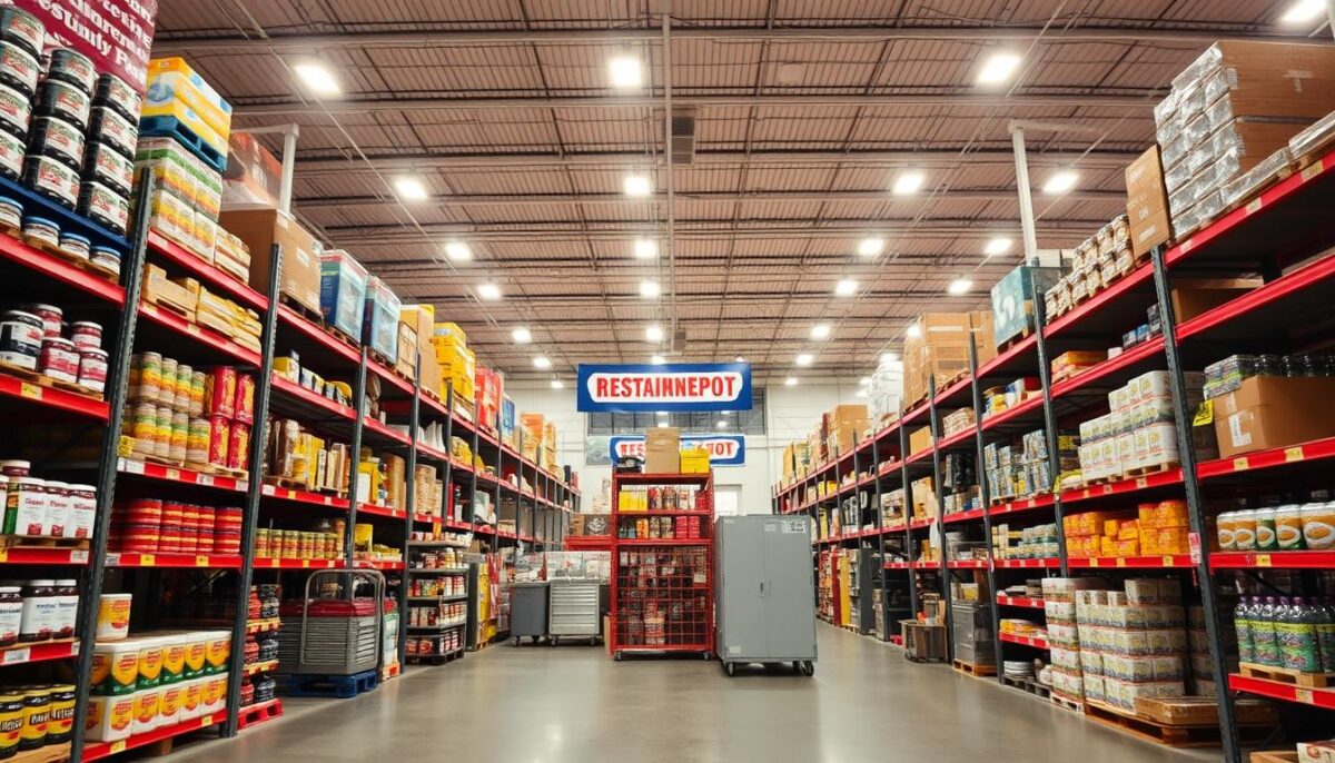 A brightly lit, expansive interior of a Restaurant Depot store, showcasing its vast selection of commercial-grade kitchen equipment, ingredients, and supplies. The camera angle is at eye level, capturing the scale and scope of the warehouse-style space. Tall metal shelves line the perimeter, stocked with an array of products, while the center features an open layout with wide aisles to accommodate pallets and carts. Bright overhead lighting casts a warm, inviting glow, creating a utilitarian yet functional atmosphere. The scene conveys the sense of a one-stop-shop destination for professional chefs and restaurateurs, with a focus on efficiency, value, and meeting the diverse needs of the food service industry.