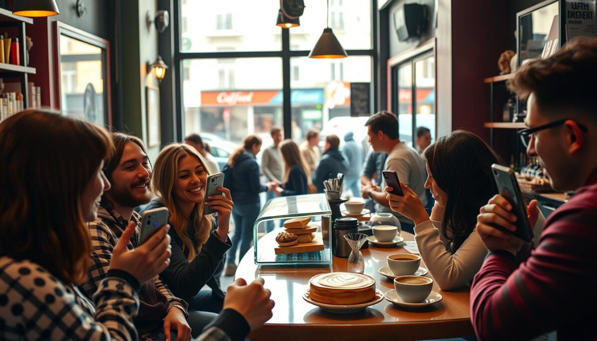 A bustling city cafe, filled with the aroma of freshly brewed coffee and the chatter of patrons. In the foreground, a group of friends gather around a table, their phones in hand, eagerly capturing the moment. The scene is bathed in warm, natural lighting, the soft glow highlighting the vibrant colors of the cafe's decor. The middle ground features a display of delectable pastries and a barista crafting intricate latte art, inviting the viewer to imagine the delightful flavors. In the background, the cafe's large windows offer a glimpse of the bustling street outside, people passing by, creating a sense of energy and connection. The overall atmosphere conveys a sense of community, creativity, and the joy of sharing memorable experiences through user-generated content.