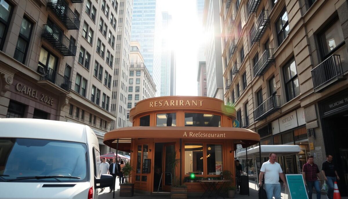 A bustling city street, with a charming and inviting restaurant nestled between towering buildings. The exterior features large windows, a warm-toned wooden facade, and a prominent sign that beckons passersby. The entrance is adorned with potted plants and a cozy outdoor seating area, creating an inviting atmosphere. The midday sun casts a soft, golden glow, illuminating the scene and highlighting the restaurant's welcoming ambiance. The background is filled with the hustle and bustle of the urban landscape, with people strolling by and the occasional car or bus passing through. The overall scene conveys a sense of vibrant energy and the perfect setting for a new restaurant venture.
