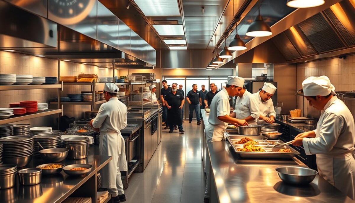 A bustling commercial kitchen with gleaming stainless steel countertops, a maze of shelves stocked with ingredients, and a team of chefs in crisp white uniforms swiftly preparing a variety of dishes. The kitchen is bathed in warm, golden lighting, casting a cozy glow over the efficient yet lively scene. In the background, a row of delivery drivers wait to transport the orders to eager customers. The atmosphere conveys a sense of streamlined productivity and growing demand, capturing the essence of the thriving ghost kitchen industry.
