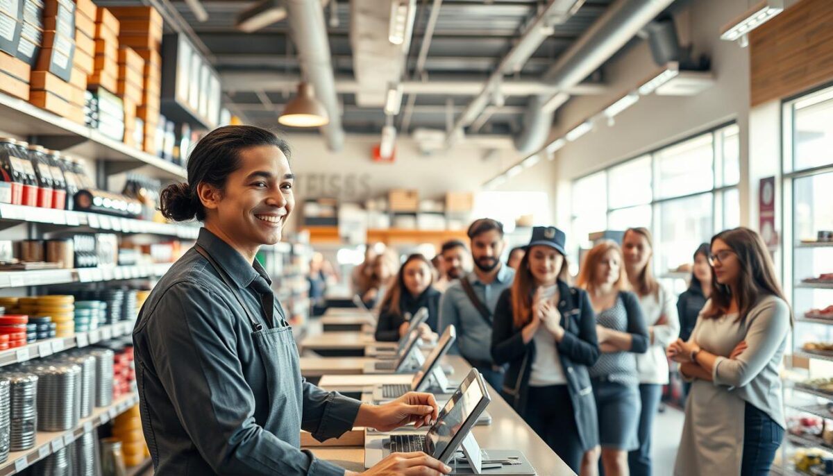 A bustling customer service counter in a modern, well-lit restaurant supply store. The foreground features a polite, attentive employee dressed in a crisp uniform, smiling and assisting a customer across the counter. In the middle ground, a line of other customers patiently wait their turn, expressions ranging from frustration to satisfied. The background showcases the store's extensive shelves stocked with a diverse array of restaurant equipment and supplies, creating a sense of abundance and variety. Warm, natural lighting filters in through large windows, casting a welcoming glow over the scene. The overall atmosphere conveys a balance of efficiency, professionalism, and customer-centric service.