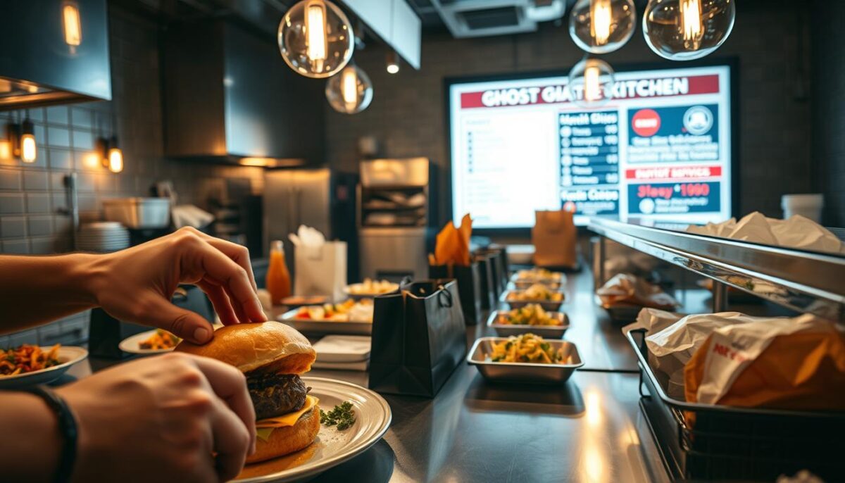 A bustling ghost kitchen, dimly lit with warm incandescent bulbs, showcasing an array of mouthwatering dishes on sleek steel countertops. In the foreground, a close-up of a hand carefully plating a gourmet burger, the focus crisp and the depth of field blurred to draw the eye. The middle ground features various delivery bags and containers, highlighting the convenience and efficiency of the ghost kitchen model. In the background, a large digital display presents enticing menu options and delivery service information, creating a sense of professionalism and technology-driven innovation. The overall atmosphere is one of culinary excellence, strategic marketing, and a seamless customer experience.