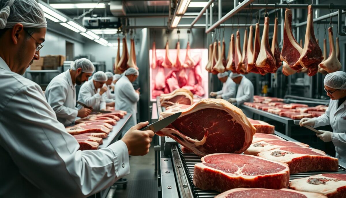 A bustling meat processing facility, with rows of workers in white coats and hairnets skillfully butchering and preparing premium cuts of beef, pork, and poultry. The foreground features a close-up of a master butcher, knife in hand, meticulously trimming a prime rib. In the middle ground, conveyor belts transport freshly packaged meats to a walk-in refrigerator, illuminated by bright, clinical lighting. The background showcases the industrial scale of the operation, with towering stainless steel equipment and hanging meat hooks. The overall scene conveys a sense of efficiency, quality control, and the attention to detail that discerning chefs and restaurateurs demand from their meat suppliers.