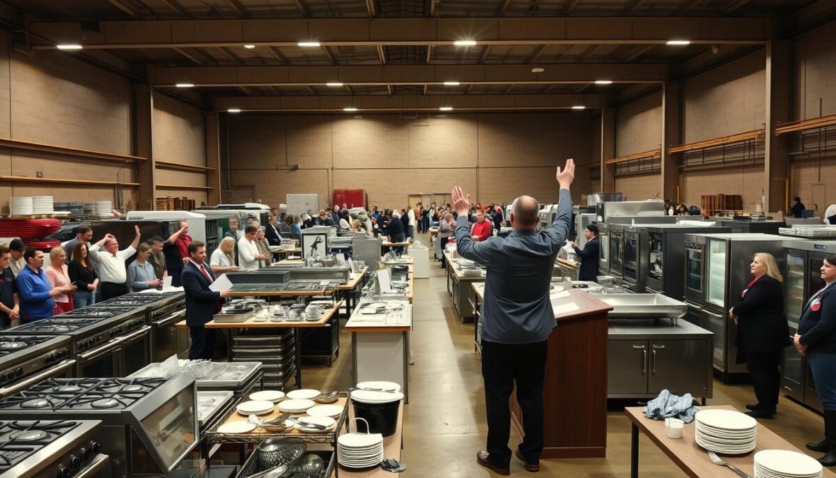 A bustling restaurant auction, with rows of gleaming kitchen equipment and tableware up for bid. In the foreground, an auctioneer stands at a podium, gesturing animatedly as prospective buyers raise their paddles. The middle ground is filled with tables displaying a diverse array of restaurant goods - ovens, fridges, dishwashers, and more. In the background, a large, well-lit warehouse space with high ceilings and concrete floors sets the scene. The atmosphere is one of lively competition, as buyers carefully examine the items on offer, weighing their options. Soft, warm lighting illuminates the scene, creating a sense of energy and anticipation.