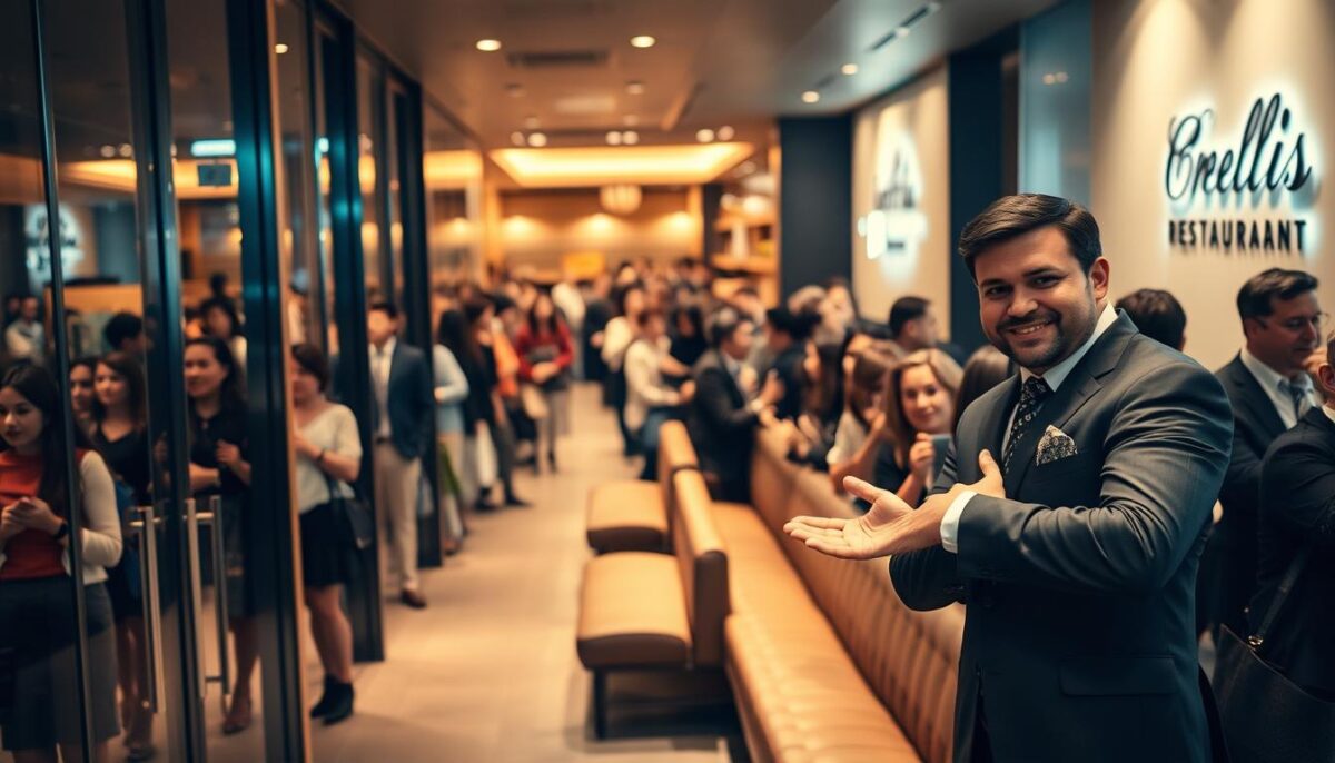A bustling restaurant entrance, the air thick with anticipation. Sleek glass doors beckon, framing a serpentine line of eager patrons. Soft lighting casts a warm glow, illuminating faces filled with a mix of excitement and patience. In the foreground, a well-dressed host gestures with a friendly smile, guiding the flow of the queue. The middle ground features a row of plush benches, where some guests sit patiently, while others stand, surveying the scene. In the background, the restaurant's facade shines, its subtle branding hinting at the culinary delights that await. A sense of energy and liveliness pervades the scene, capturing the perfect waiting experience that will draw customers in and leave them eager to dine.