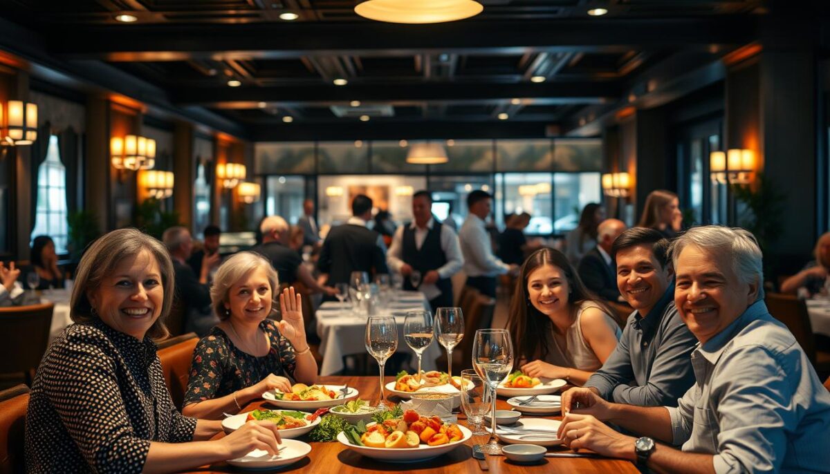 A bustling restaurant interior, bathed in warm, inviting lighting. In the foreground, a family of four enjoy a delightful meal, their faces alight with joy and satisfaction. The middle ground showcases impeccably dressed wait staff, attentively attending to the customers' needs. The background reveals a beautifully appointed dining area, with tasteful decor, crisp linens, and a serene ambiance that invites relaxation. The scene conveys a sense of hospitality, comfort, and exceptional customer service, creating an immersive and memorable dining experience.