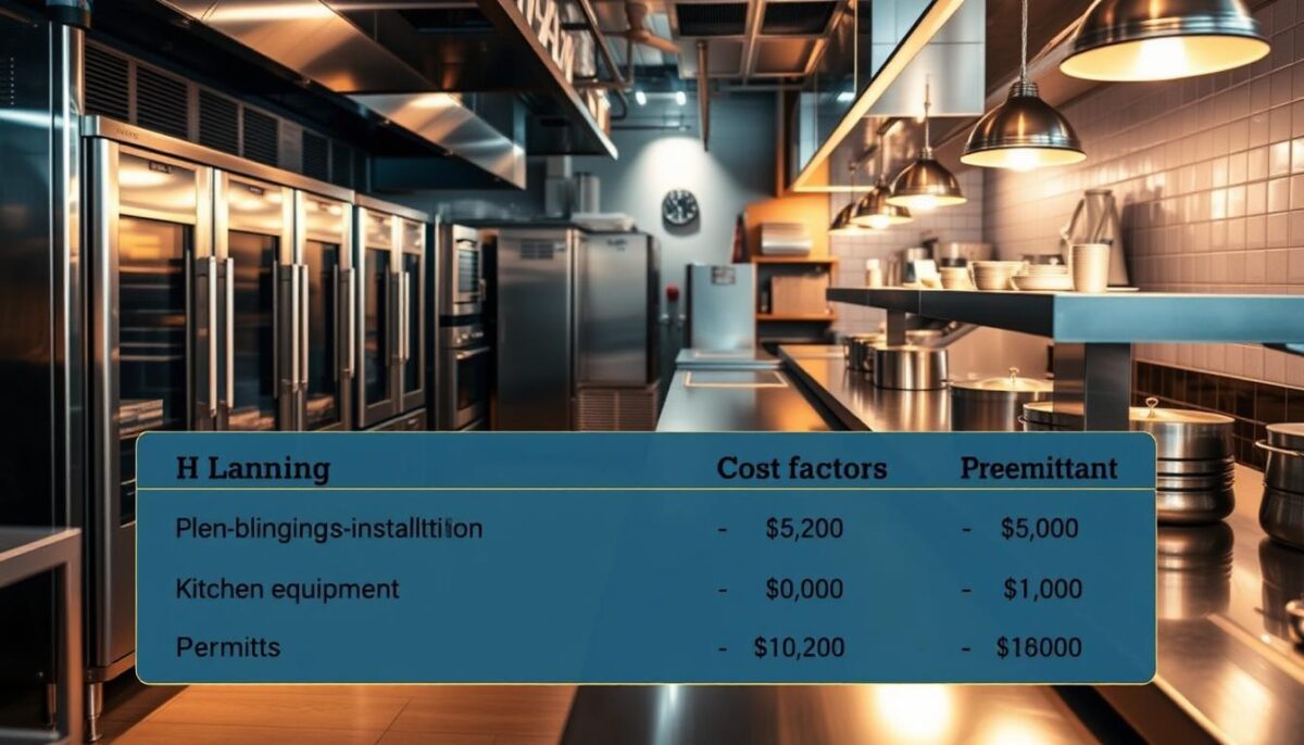 A bustling restaurant kitchen, with sleek stainless steel appliances and gleaming countertops. In the foreground, a detailed breakdown of cost factors, including layout planning, plumbing and electrical installations, kitchen equipment, and permits. Warm, focused lighting illuminates the scene, capturing the intricate considerations that go into a successful restaurant build-out. The image conveys a sense of strategic planning and attention to detail, reflecting the expertise required to navigate the complexities of this process.