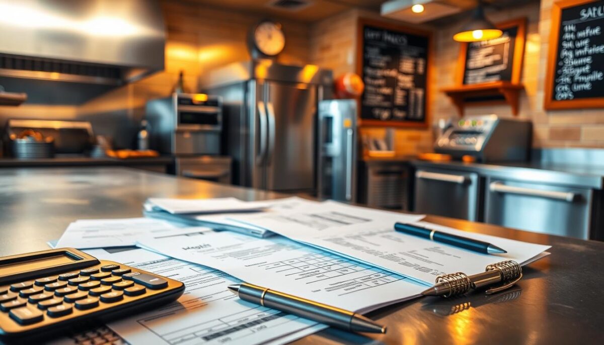 A bustling restaurant kitchen, with stainless steel appliances and countertops illuminated by warm overhead lighting. In the foreground, a calculator, pen, and notepad sit atop a spread of financial documents, invoices, and cost estimates. The middle ground showcases various restaurant equipment - a commercial oven, refrigerator, and dishwasher - their modern designs hinting at the significant startup investment. In the background, a wall-mounted chalkboard displays a menu, emphasizing the attention to detail required to launch a successful dining establishment. The overall scene conveys the meticulous planning and substantial financial commitment necessary to open a new restaurant.