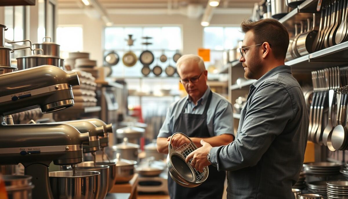 A bustling restaurant supply store, its shelves lined with an array of gleaming pots, pans, and commercial-grade appliances. In the foreground, a focused shopper examines a high-quality mixer, evaluating its features and durability. Warm, natural lighting filters in through large windows, casting a soft glow over the scene. In the middle ground, a knowledgeable sales associate offers advice, guiding the shopper towards budget-friendly options that meet their culinary needs. The background reveals a diverse selection of kitchen tools, each a potential bargain for the savvy restaurateur. The overall atmosphere conveys a sense of careful consideration, as the shopper navigates the possibilities of outfitting their kitchen with quality equipment on a limited budget.