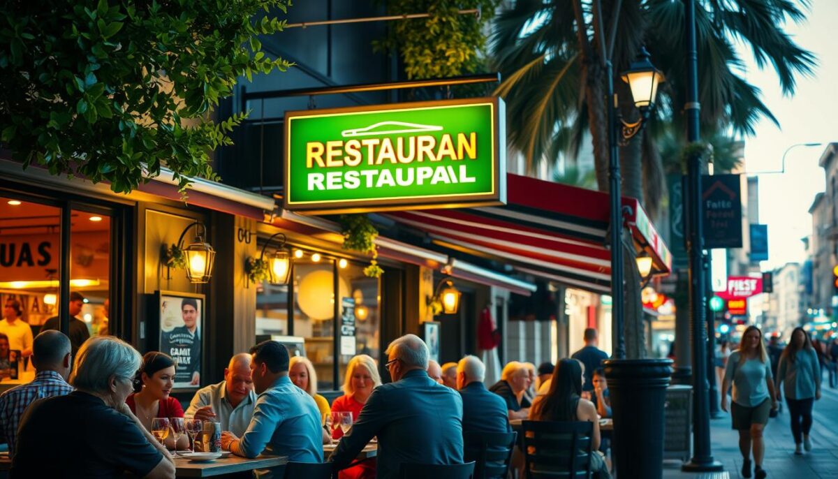 A bustling restaurant, with a vibrant outdoor patio setting. In the foreground, a group of diners enjoying a meal, lively conversations and laughter filling the air. The middle ground showcases a prominent restaurant sign, illuminated by warm, inviting lighting that draws the eye. In the background, a street scene with passersby, capturing the energy and liveliness of a thriving restaurant district. The overall mood is one of community, excitement, and the promise of a memorable dining experience. Crisp, high-resolution photography with a wide-angle lens, capturing the dynamic atmosphere and attention-grabbing visuals that would entice potential customers.