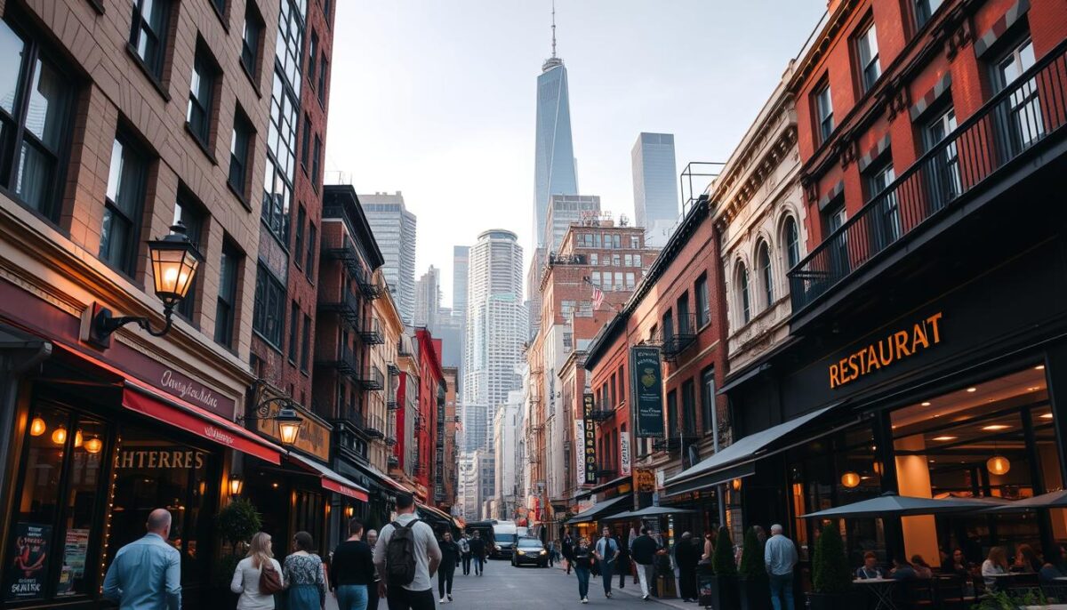 A bustling urban street with a mix of modern and historic buildings, street lamps casting a warm glow on the scene. In the foreground, a group of people stand outside a charming restaurant, its large windows showcasing the inviting interior. The middle ground features a variety of dining establishments, from trendy cafes to upscale eateries, each with its own unique architectural style and signage. The background depicts a skyline of towering skyscrapers, hinting at the high-rent district. The lighting is a blend of natural daylight and atmospheric artificial illumination, creating a vibrant and dynamic atmosphere. The overall impression is one of an active, thriving restaurant district, capturing the essence of the "Location and Real Estate Expenses" section.