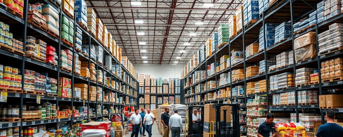 A bustling warehouse-style interior, illuminated by bright overhead lighting and filled with towering shelves stocked with an abundance of restaurant supplies. In the foreground, a diverse selection of commercial kitchen equipment and bulk-sized packaging of common foodservice items like canned goods, condiments, and paper products. In the middle ground, forklifts maneuvering pallets of goods, while restaurant owners and chefs browse the aisles, examining the vast selection. The background features high ceilings, concrete floors, and a sense of industrial efficiency, capturing the essence of a wholesale restaurant supply retailer like Restaurant Depot or Costco Business.