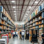 A bustling warehouse-style interior, illuminated by bright overhead lighting and filled with towering shelves stocked with an abundance of restaurant supplies. In the foreground, a diverse selection of commercial kitchen equipment and bulk-sized packaging of common foodservice items like canned goods, condiments, and paper products. In the middle ground, forklifts maneuvering pallets of goods, while restaurant owners and chefs browse the aisles, examining the vast selection. The background features high ceilings, concrete floors, and a sense of industrial efficiency, capturing the essence of a wholesale restaurant supply retailer like Restaurant Depot or Costco Business.