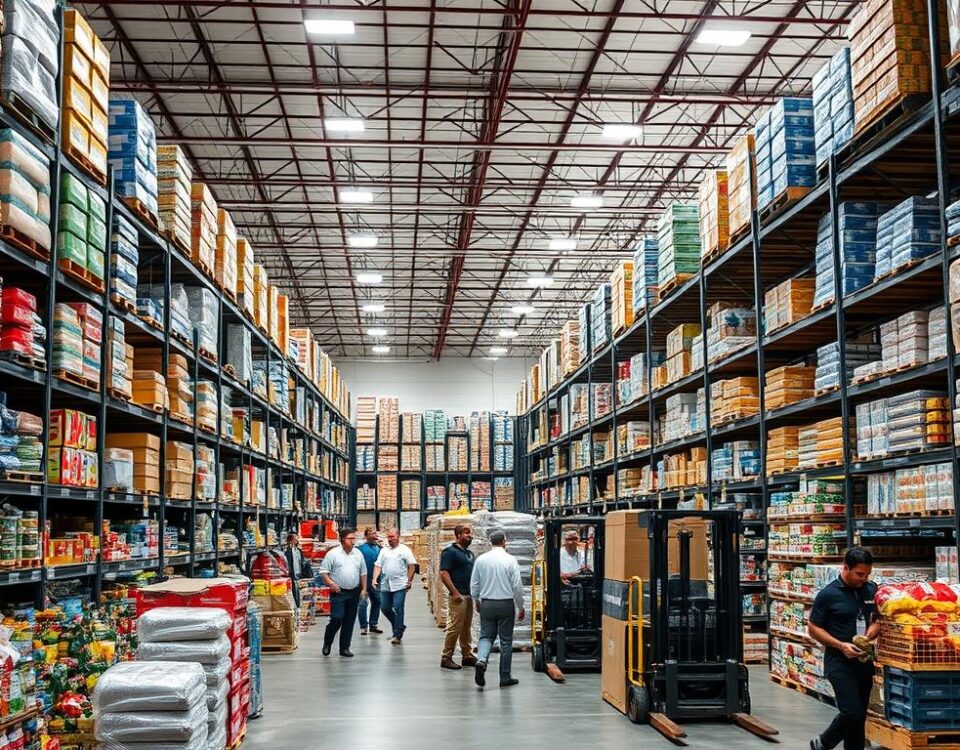 A bustling warehouse-style interior, illuminated by bright overhead lighting and filled with towering shelves stocked with an abundance of restaurant supplies. In the foreground, a diverse selection of commercial kitchen equipment and bulk-sized packaging of common foodservice items like canned goods, condiments, and paper products. In the middle ground, forklifts maneuvering pallets of goods, while restaurant owners and chefs browse the aisles, examining the vast selection. The background features high ceilings, concrete floors, and a sense of industrial efficiency, capturing the essence of a wholesale restaurant supply retailer like Restaurant Depot or Costco Business.