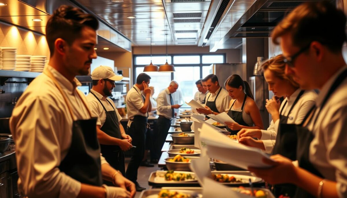 A busy restaurant kitchen, bustling with activity. In the foreground, a team of chefs and line cooks, their faces etched with concentration as they expertly prepare an array of dishes. The middle ground showcases the restaurant's efficient workflow, with servers deftly navigating the dining room, delivering orders to eager patrons. In the background, a manager carefully reviews financial records, analyzing the impact of labor costs on the establishment's profitability. Warm, golden lighting casts a soft glow, capturing the energy and precision required to maintain a successful restaurant operation.