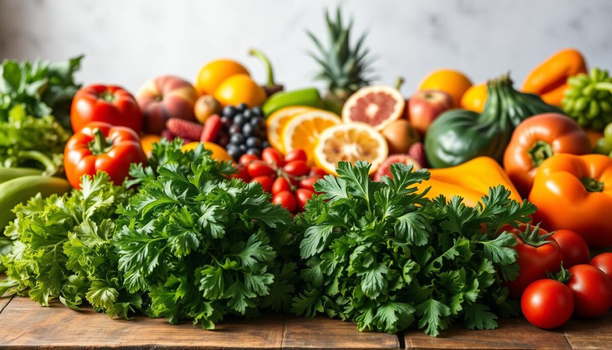 A carefully curated selection of fresh, vibrant produce arranged on a rustic wooden table. In the foreground, an assortment of crisp greens, juicy tomatoes, and plump bell peppers, illuminated by natural lighting streaming in from the side. In the middle ground, a mix of seasonal fruits like ripe peaches, juicy berries, and citrus slices, creating a colorful and enticing display. The background features a soft, blurred backdrop, allowing the produce to take center stage. The overall scene conveys a sense of quality, abundance, and the allure of locally-sourced, premium ingredients. A carefully curated selection of fresh, vibrant produce arranged on a rustic wooden table. In the foreground, an assortment of crisp greens, juicy tomatoes, and plump bell peppers, illuminated by natural lighting streaming in from the side. In the middle ground, a mix of seasonal fruits like ripe peaches, juicy berries, and citrus slices, creating a colorful and enticing display. The background features a soft, blurred backdrop, allowing the produce to take center stage. The overall scene conveys a sense of quality, abundance, and the allure of locally-sourced, premium ingredients.