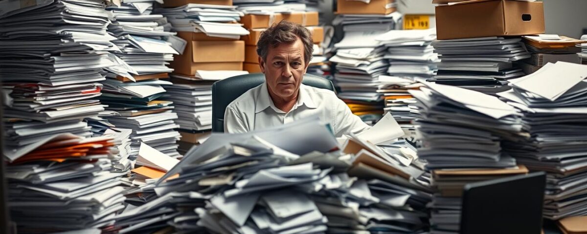 A cluttered office desk with stacks of order forms, invoices, and delivery slips scattered around. Overturned boxes and spilled supplies litter the surface, creating a sense of disorganization. The lighting is harsh, casting shadows and highlighting the chaos. In the foreground, a flustered employee is surrounded by a jumble of papers, overwhelmed by the Sysco ordering mistakes they're trying to sort through. The background is blurred, emphasizing the focal point of the messy desk and the frazzled worker.