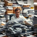 A cluttered office desk with stacks of order forms, invoices, and delivery slips scattered around. Overturned boxes and spilled supplies litter the surface, creating a sense of disorganization. The lighting is harsh, casting shadows and highlighting the chaos. In the foreground, a flustered employee is surrounded by a jumble of papers, overwhelmed by the Sysco ordering mistakes they're trying to sort through. The background is blurred, emphasizing the focal point of the messy desk and the frazzled worker.