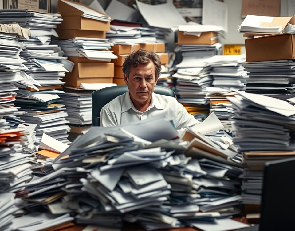 A cluttered office desk with stacks of order forms, invoices, and delivery slips scattered around. Overturned boxes and spilled supplies litter the surface, creating a sense of disorganization. The lighting is harsh, casting shadows and highlighting the chaos. In the foreground, a flustered employee is surrounded by a jumble of papers, overwhelmed by the Sysco ordering mistakes they're trying to sort through. The background is blurred, emphasizing the focal point of the messy desk and the frazzled worker.