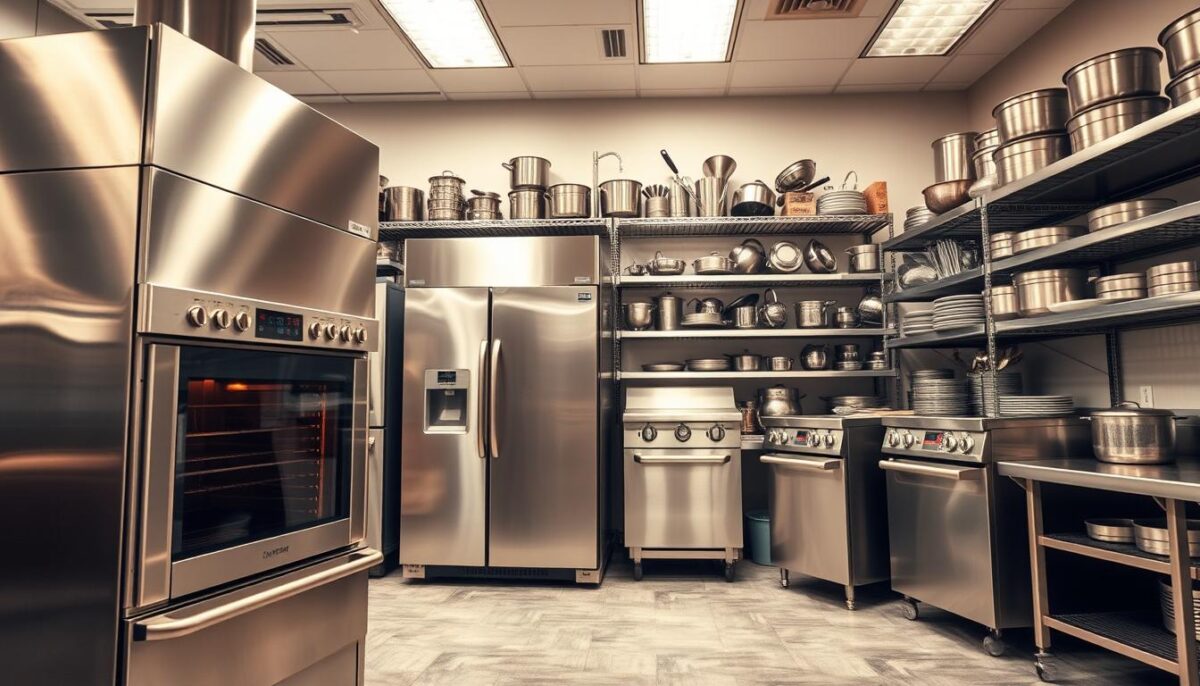 A commercial kitchen filled with an array of industrial-grade appliances and equipment, meticulously arranged to showcase their size and scale. The foreground features a towering commercial oven, its gleaming stainless steel exterior reflecting the warm lighting overhead. In the middle ground, a large commercial refrigerator and industrial-strength dishwasher stand side by side, their dimensions clearly conveying the need for careful consideration when outfitting a restaurant kitchen. The background is dominated by a vast, well-organized shelving system, housing a diverse collection of pots, pans, and other essential culinary tools, emphasizing the importance of planning for adequate storage space. The scene is captured with a wide-angle lens, allowing the viewer to appreciate the overall scale and layout of the kitchen, while maintaining a sense of attention to detail and professionalism.