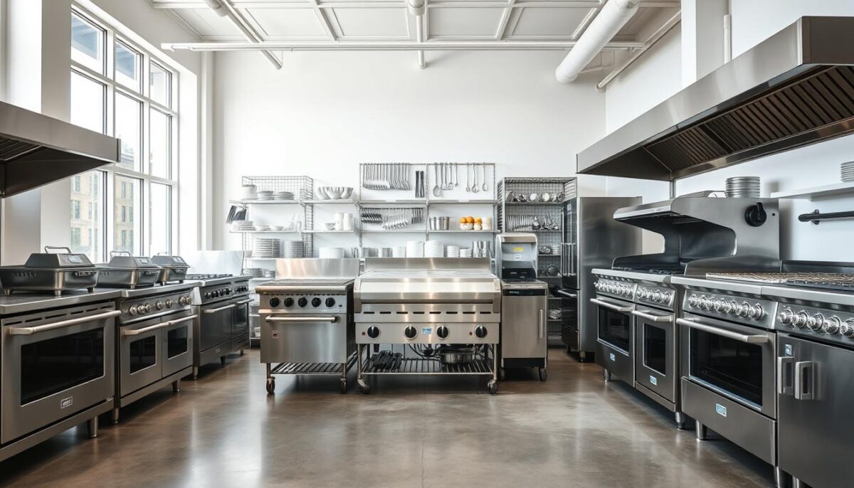 A comparison of restaurant equipment, showcased in a spacious showroom with ample natural lighting filtering through large windows. In the foreground, an array of gleaming stainless steel kitchen appliances, including commercial-grade ovens, fryers, and griddles, all neatly arranged for easy side-by-side evaluation. In the middle ground, shelves of kitchen tools, utensils, and tableware, meticulously organized to highlight the variety of options available. The background features a clean, minimalist aesthetic, with white walls and a polished concrete floor, allowing the equipment to take center stage. The overall mood is one of professionalism, efficiency, and a commitment to providing the best value for restaurant owners. A comparison of restaurant equipment, showcased in a spacious showroom with ample natural lighting filtering through large windows. In the foreground, an array of gleaming stainless steel kitchen appliances, including commercial-grade ovens, fryers, and griddles, all neatly arranged for easy side-by-side evaluation. In the middle ground, shelves of kitchen tools, utensils, and tableware, meticulously organized to highlight the variety of options available. The background features a clean, minimalist aesthetic, with white walls and a polished concrete floor, allowing the equipment to take center stage. The overall mood is one of professionalism, efficiency, and a commitment to providing the best value for restaurant owners.