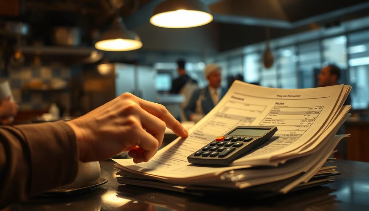 A cozy restaurant kitchen, dimly lit with warm overhead lighting, focused on a neatly organized stack of financial documents, receipts, and a calculator. In the foreground, a hand is carefully examining the documents, brow furrowed in concentration. The background is blurred, suggesting the bustle of the kitchen, with the faint outlines of pots, pans, and other cooking equipment visible. The overall mood is one of careful planning and attention to detail, conveying the importance of budgeting and managing unexpected costs when opening a new restaurant.