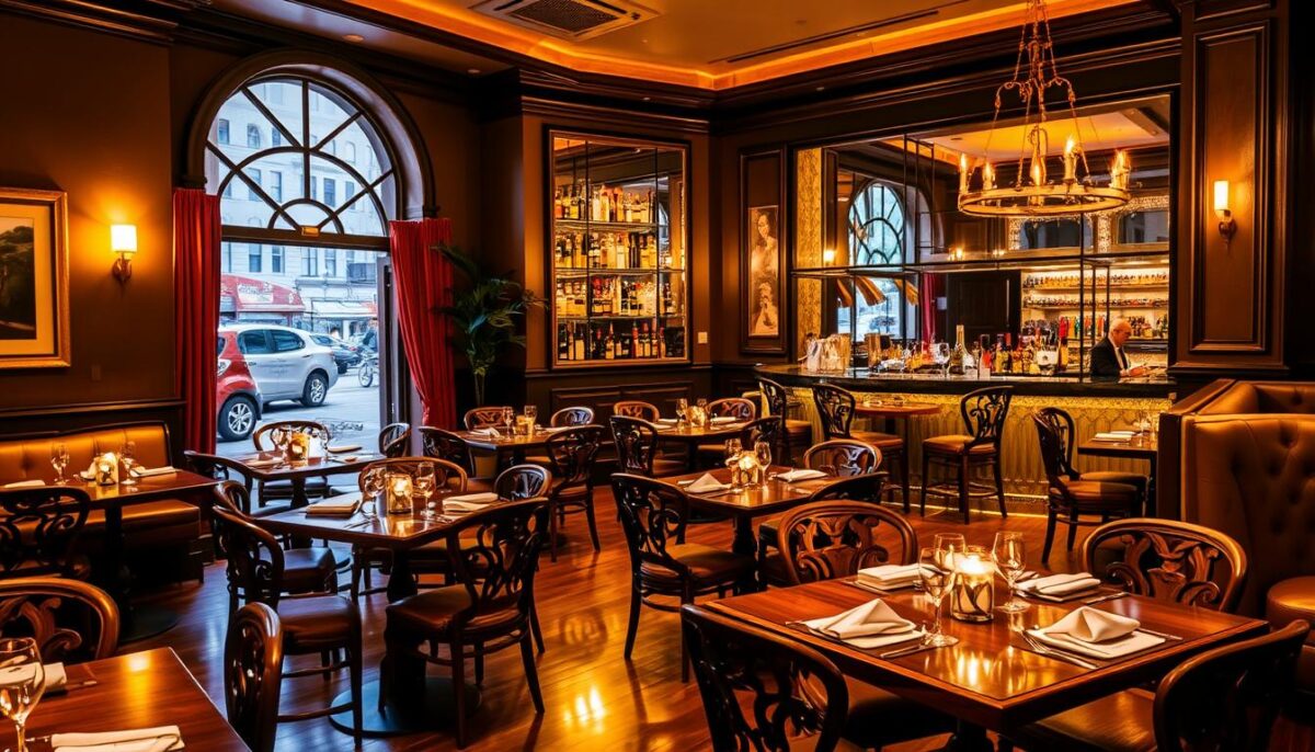 A cozy, well-lit restaurant interior with a sophisticated ambiance. Warm, golden lighting casts a soft glow across the space, illuminating the intricately designed wooden tables and chairs. The walls are adorned with tasteful artwork and a large, focal-point window offers a picturesque view of a bustling city street outside. Polished hardwood floors and plush, upholstered booths create a comfortable, inviting atmosphere. A central bar area features gleaming glass shelves displaying an array of premium liquors and wines. The overall impression is one of a high-end, well-established establishment ready to welcome its guests.