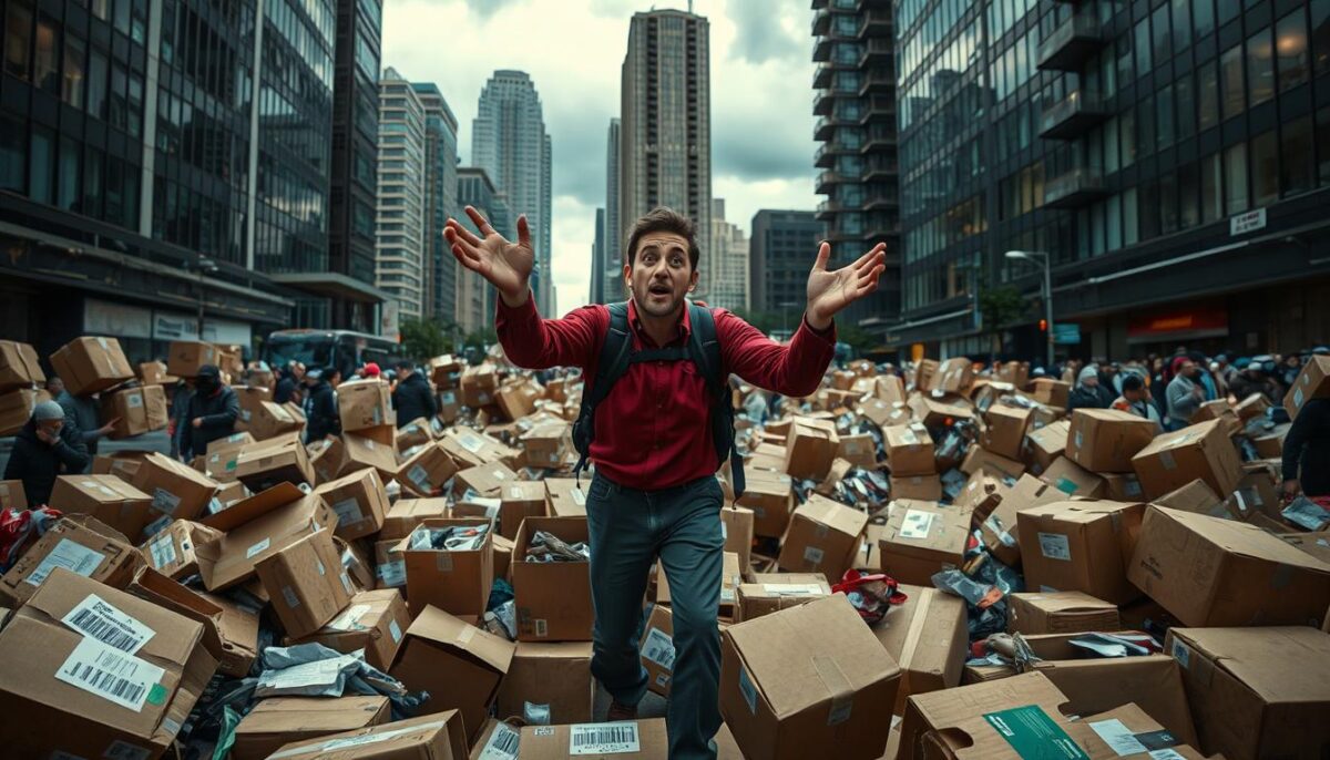 A crowded urban street, littered with overturned boxes and packages spilling out their contents. In the foreground, a frenzied delivery driver gesticulates, his expression one of exasperation as he surveys the chaotic scene. Overhead, dark clouds loom, casting a moody, somber light. The background is a jumble of tall buildings, their windows reflecting the disarray below. A sense of disruption and frustration permeates the image, highlighting the challenges businesses face with unreliable deliveries.