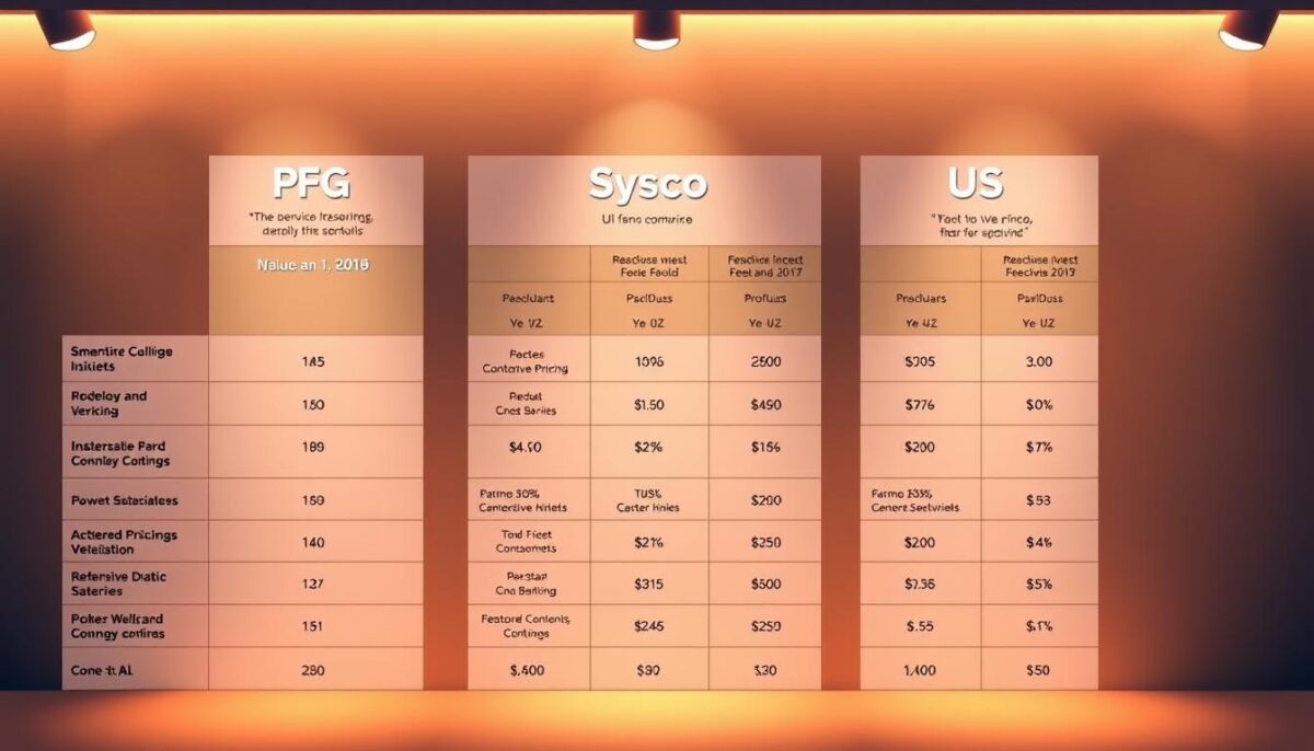 A detailed comparison of foodservice pricing structures between major industry players PFG, Sysco, and US Foods. A crisp, clean tabular layout with three distinct columns, each highlighting the key pricing metrics and value propositions of the respective companies. Warm, neutral lighting from the top casts an even glow, emphasizing the precision and clarity of the data visualization. The overall mood is one of analytical rigor and informed decision-making, inviting the viewer to dive deeper into the nuances of foodservice pricing.