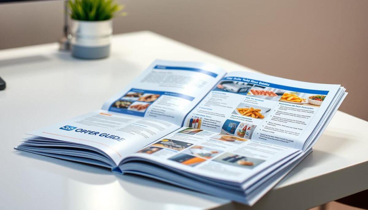 A detailed, high-resolution image of a Sysco Order Guide on a clean, well-lit office desk. The guide is open, showcasing various sections and product categories. The cover is prominently displayed, with the Sysco logo and branding visible. The pages have a crisp, professional appearance, with clear typography and product images. The lighting is soft and diffused, creating a warm, inviting atmosphere. The camera angle is slightly elevated, providing a clear, unobstructed view of the guide. The background is minimalist, with a subtle texture or gradient to draw the eye to the central subject.