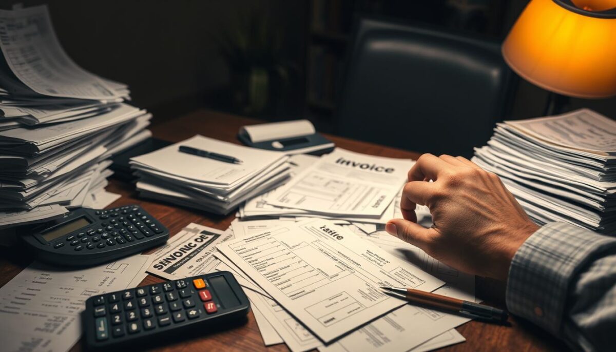 A detailed office desk with stacks of invoices, receipts, and accounting documents scattered across the surface. A calculator, a pen, and a frustrated business owner's hand reaching for the documents, showcasing the challenges of billing errors. The background is dimly lit, with a sense of tension and unease, emphasizing the frustration of dealing with these financial discrepancies. The lighting is a mix of warm and cool tones, creating a sense of depth and drama. The composition is slightly tilted, adding a sense of imbalance and disorder, reflecting the theme of the image.
