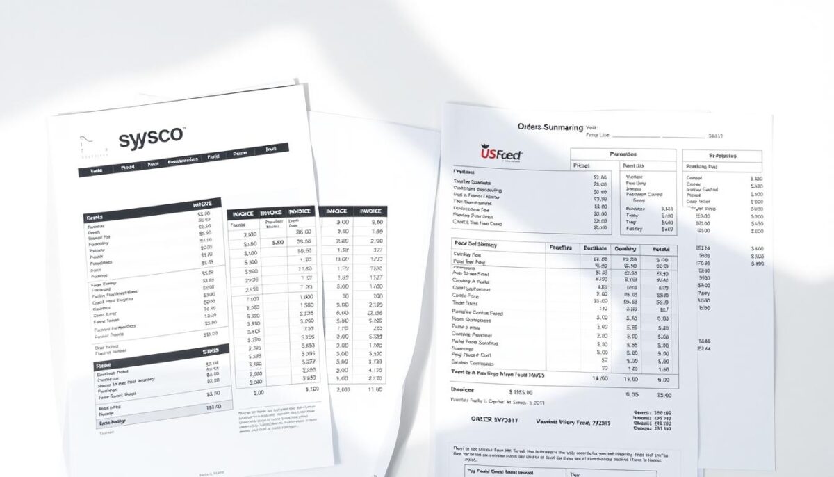 A detailed side-by-side comparison of price lists, order summaries, and invoices from two leading food service providers, Sysco Online Ordering and US Foods Direct, placed against a clean, minimalist backdrop. The scene is illuminated by soft, directional lighting, creating depth and highlighting the critical pricing details. The overall composition maintains a professional, data-driven atmosphere, inviting the viewer to carefully analyze and compare the financial information presented.