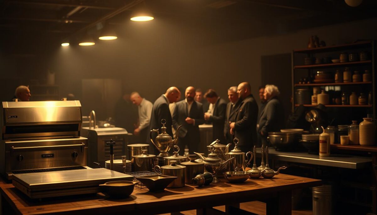 A dimly lit auction house, the air thick with anticipation. In the foreground, a sturdy wooden table showcases a variety of restaurant equipment - gleaming stainless steel appliances, sturdy shelving, and vintage kitchenware. In the middle ground, potential buyers examine the items, their expressions a mix of concentration and excitement. The background is hazy, with the silhouettes of other auction lots and the faint sound of the auctioneer's voice. Soft, warm lighting casts a cozy glow, creating an atmosphere of opportunity and discovery. The scene conveys the thrill of unearthing hidden gems and the potential for savvy restaurateurs to score the perfect piece for their establishment.