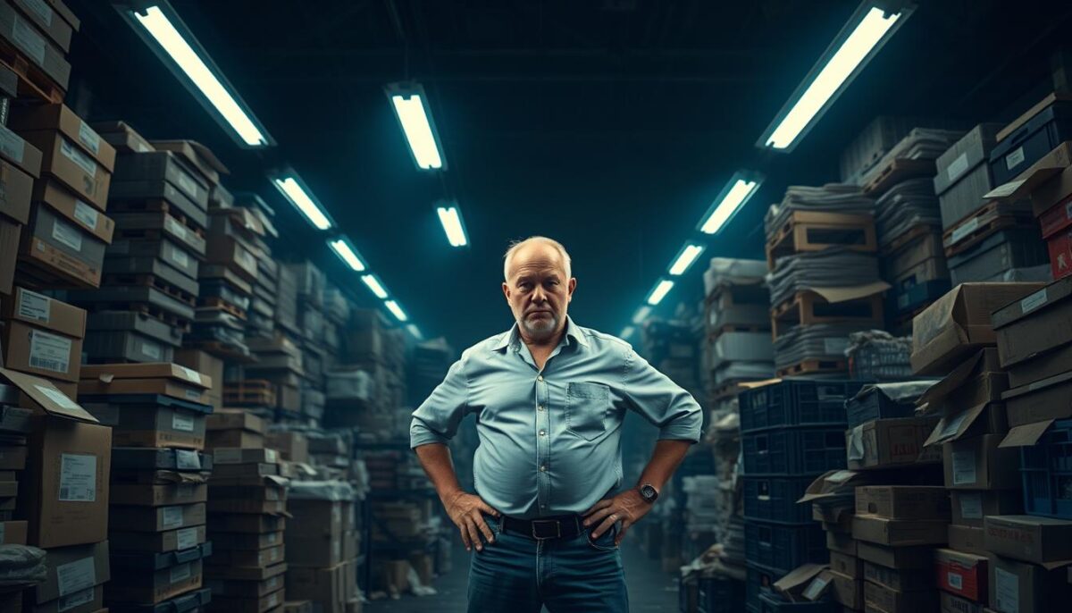 A dimly lit, cluttered warehouse interior with stacks of disorganized boxes, crates, and shelves. Harsh fluorescent lighting casts long shadows, creating a sense of chaos and frustration. In the foreground, a disgruntled restaurant owner stands amidst the disorder, hands on hips, surveying the scene with a concerned expression. The middle ground is filled with a maze of mismatched inventory, with labels and expiration dates obscured. The background is hazy, suggesting the overwhelming scale of the supply chain issues. An atmosphere of stress and uncertainty permeates the scene, reflecting the common challenges restaurateurs face with their Restaurant Depot experiences.