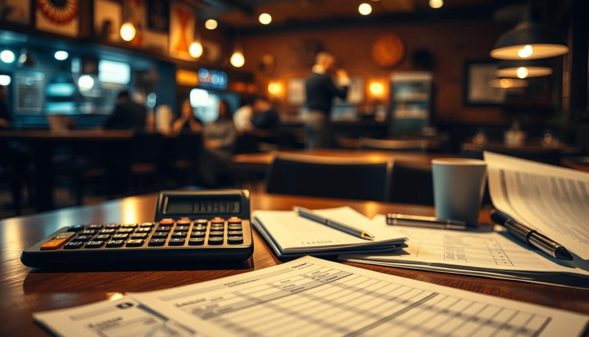 A dimly lit, cozy restaurant interior with a focus on financial ledgers, calculators, and cost-tracking documents on a wooden table. Soft, warm lighting casts a mellow glow, creating an atmosphere of careful consideration and strategic planning. In the background, blurred restaurant activity suggests the need to balance operational efficiency with financial discipline. The composition emphasizes the importance of cost control in the larger context of restaurant management, conveying a sense of thoughtful, data-driven decision making.