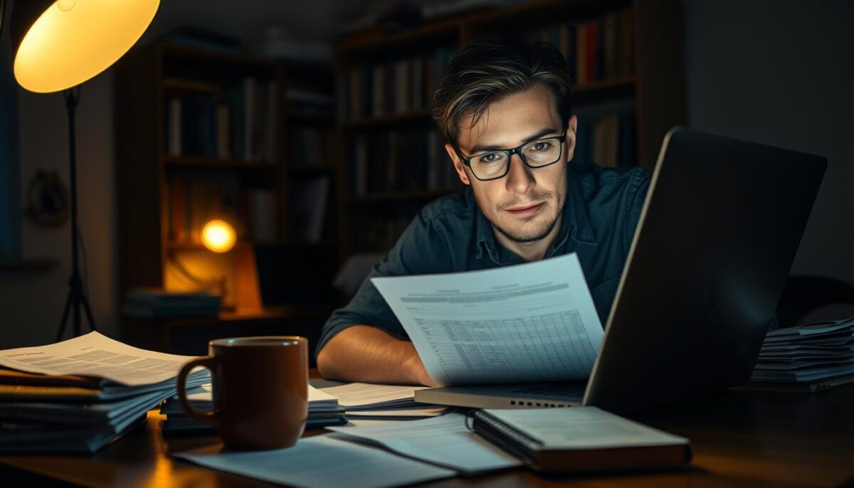 A dimly lit home office, the glow of a laptop screen illuminating a researcher's face as they pore over spreadsheets and documents. Stacks of papers, notebooks, and a mug of steaming coffee litter the wooden desk, evidence of deep investigation. Soft, directional lighting from a nearby lamp casts subtle shadows, creating a contemplative atmosphere. The researcher's expression is one of focused determination, the weight of their research evident in their furrowed brow. In the background, the walls are lined with bookshelves, hinting at the breadth of knowledge being tapped to uncover the truth behind the Restaurant Depot complaints.