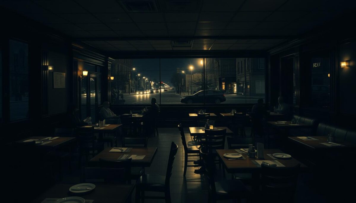 A dimly lit restaurant interior, with a handful of patrons scattered at scattered tables. The atmosphere is somber, with muted lighting casting long shadows across the empty space. Wooden tables and chairs, with a scattering of discarded menus and empty plates, suggest a recent closure. Outside, the streets are deserted, with a few lone streetlamps casting a faint glow through the windows. The mood is one of quiet melancholy, reflecting the slow season that has settled upon this once-bustling establishment.