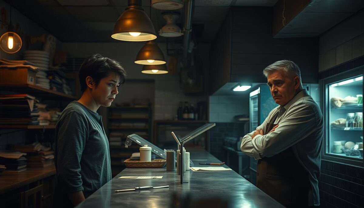 A dimly-lit restaurant scene, with a frustrated customer standing at the counter, their expression soured. The cashier appears disinterested, arms crossed, eyes averted. The background is cluttered with messy shelves, outdated decor, and a general sense of disorganization. Harsh, unflattering lighting casts shadows, creating an oppressive atmosphere. The overall mood is one of tension and indifference, reflecting a complete lack of customer service and care.