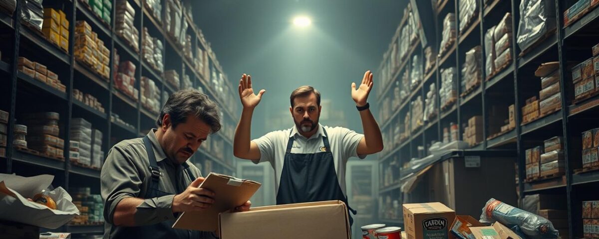 A dimly lit warehouse interior, with towering shelves stocked with a variety of food products. In the foreground, a frustrated restaurant manager examines a damaged box, surrounded by a cluttered mess of delivery items. The middle ground features a distressed-looking delivery driver, hands raised in a gesture of helplessness. In the background, a hazy overhead light casts long shadows, creating an atmosphere of tension and disarray. The scene conveys the common issues restaurants face with Gordon Food Service, such as damaged goods, delayed or incorrect deliveries, and poor communication.