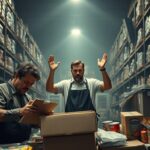 A dimly lit warehouse interior, with towering shelves stocked with a variety of food products. In the foreground, a frustrated restaurant manager examines a damaged box, surrounded by a cluttered mess of delivery items. The middle ground features a distressed-looking delivery driver, hands raised in a gesture of helplessness. In the background, a hazy overhead light casts long shadows, creating an atmosphere of tension and disarray. The scene conveys the common issues restaurants face with Gordon Food Service, such as damaged goods, delayed or incorrect deliveries, and poor communication.