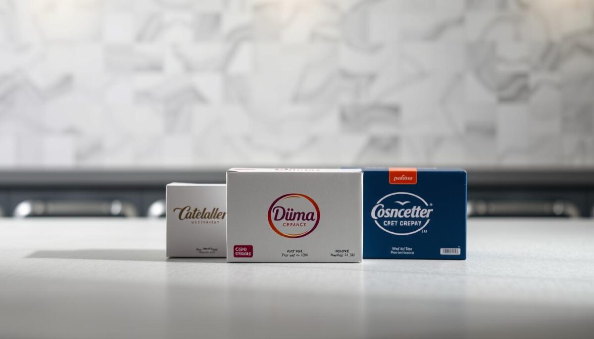 A high-contrast, still life scene depicting a product quality comparison between three branded food service boxes, placed on a plain, neutral-colored surface. The boxes are positioned in the foreground, each displaying its distinct logo and packaging design. The lighting is soft and evenly distributed, creating defined shadows and highlights to accentuate the textures and materials. The mid-ground features a blurred, out-of-focus backdrop, conveying a sense of depth and focus on the central subject. The overall mood is professional, informative, and visually striking, drawing the viewer's attention to the comparative aspects of the products.